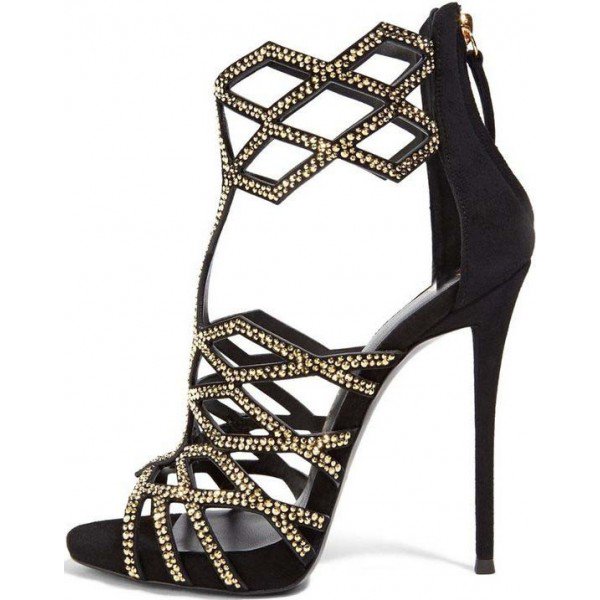 ... black and gold studs evening shoes open toe stiletto heel cage sandals IRJFNSE