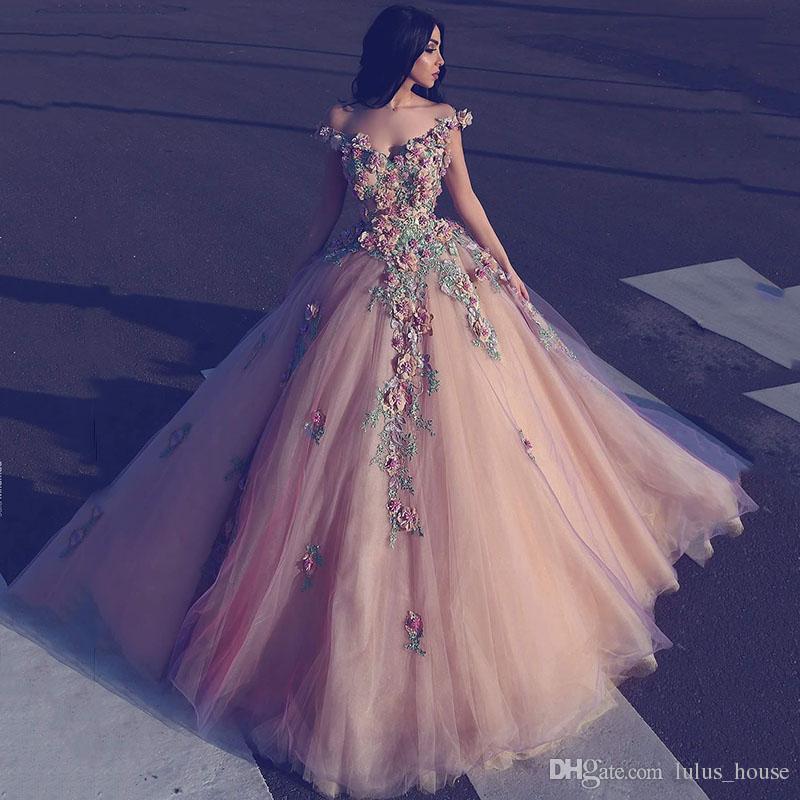 Beautiful Ball Gowns 2017 saudi arabian pink tulle ball gown prom dresses with 3d flowers off  the shoulder UMXNIWH