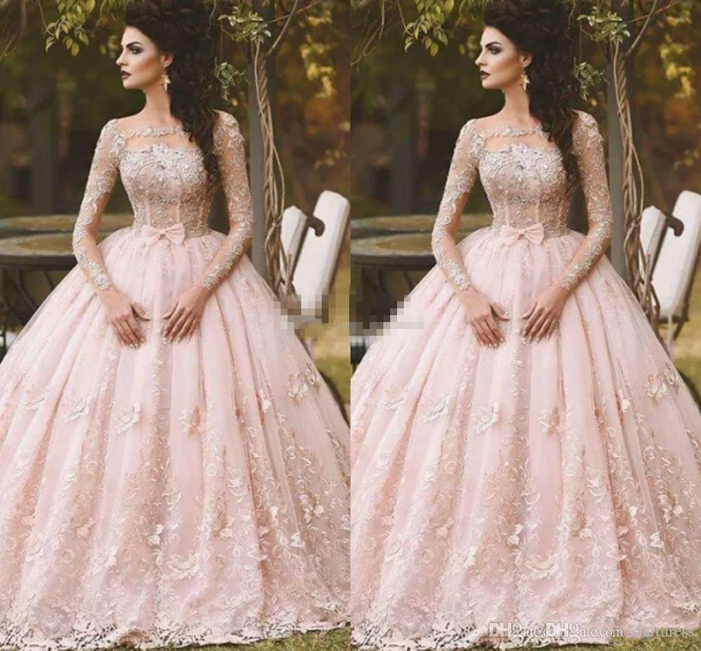 Beautiful Ball Gowns gorgeous pink beautiful ball gown prom dresses sheer long sleeve puffy  organza floor length formal HVOLOFG