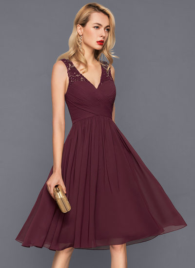 Beautiful cocktail dresses a-line/princess v-neck knee-length chiffon cocktail dress with ruffle SNGKTXG