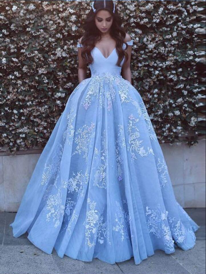 Beautiful prom dresses beautiful baby blue prom dresses with lace appliques off the shoulder floor  length TWCBZTO