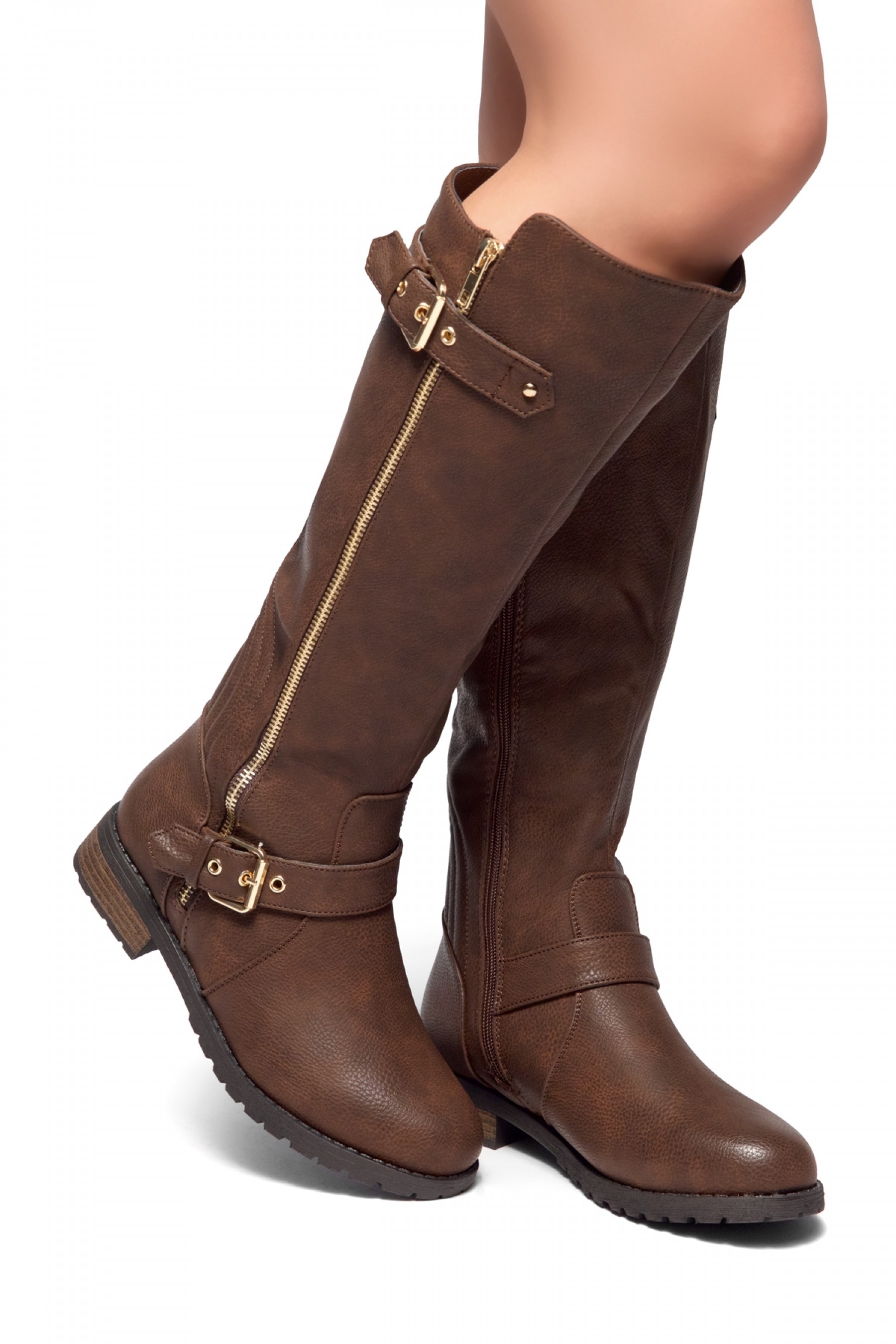 BROWN BOOTS herstyle city runaway-zipper trim, buckle detail riding knee high boots ( brown) TPGYIXI
