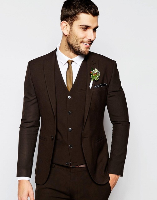 BROWN SUITS for men center vent groomsmen shawl lapel groom tuxedos dark brown men suits  wedding best man blazer OVXKFZE