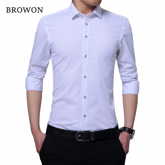 Business Shirts browon business shirt men smart casual shirt embroidered collar long sleeve  solid color men formal LPCIECA