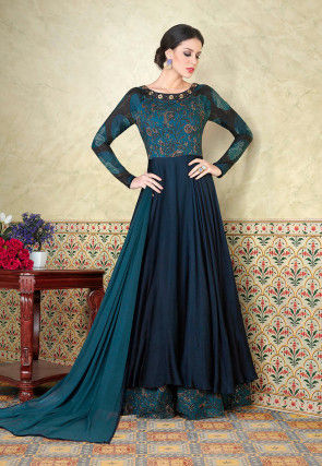 Cotton Suits printed cotton abaya style suit in teal blue and navy blue VYELXDZ