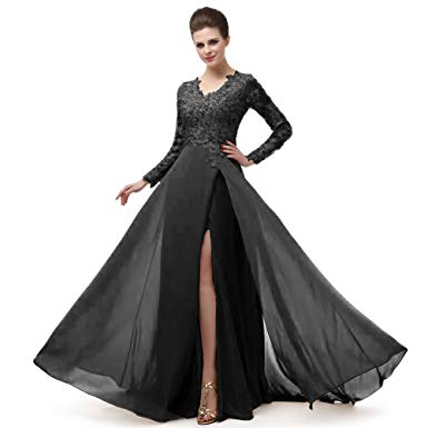 ELEGANT DRESSES beautiful prom v neckline ruffled skirt long sleeve high waistline cocktail  dress mnq170406-black- IODVABL