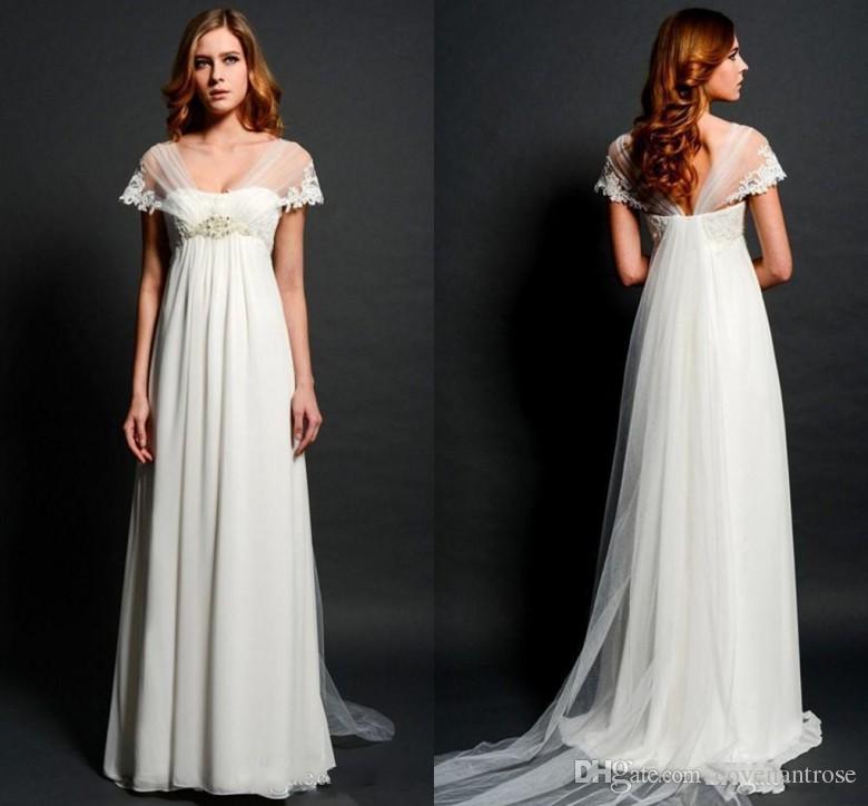Empire dresses vintage empire waist wedding dresses for pregnant women v neck illusion  back elegant NYHVBAF
