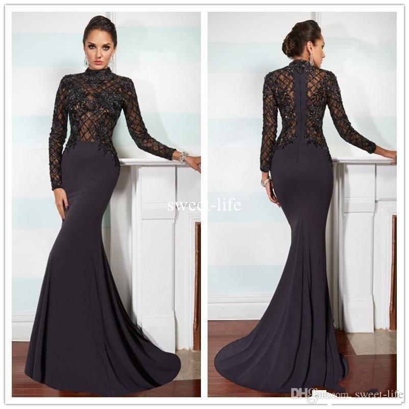 Evening Dress with Collar Collar sexy hot black 2017 mermaid evening dresses high collar long sleeve  illusion lace applique chiffon UHFCPQV