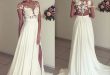 Evening dresses for the wedding summer chiffon wedding dresses lace top short sleeves side slit garden  elegant bridal FUKVPQE