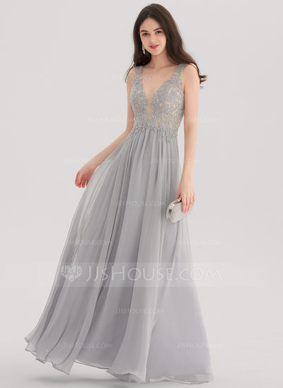 floor length dress a-line/princess v-neck floor-length chiffon prom dresses with beading OCVWNKW