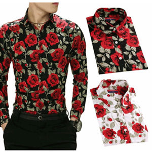 Floral Print Shirts image is loading men-flower-floral-print-shirt-blouse-slim-fit- OMJHUJG