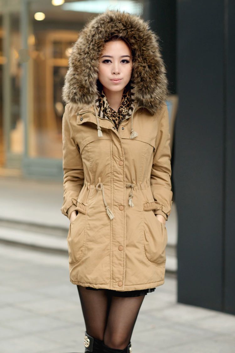 Jackets with Fur for winter womens winter coats faux fur lining parka with fur hood in ochre AMOOSCD