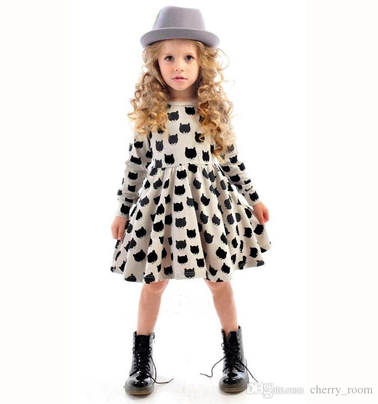 Kids Girls Clothing 2015 fashion europe style girl dresses fall ruffle cotton cat long sleeve  dresses IXQLLMR