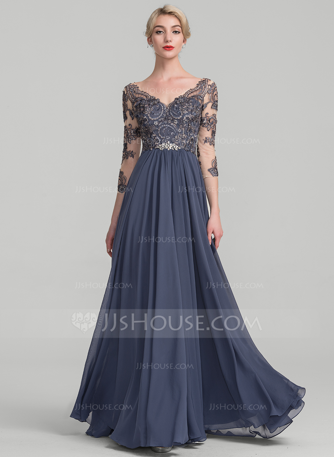 Lace evening dresses a-line/princess v-neck floor-length chiffon lace evening dress. loading zoom FFLBGVA