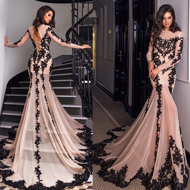 Lace evening dresses glamorous long sleeve black lace evening dress mermaid lace up back party  prom FEEQQLN