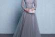 Lace evening dresses gray round neck lace tulle long prom dress, gray lace evening dress m1925 ATIMIJY