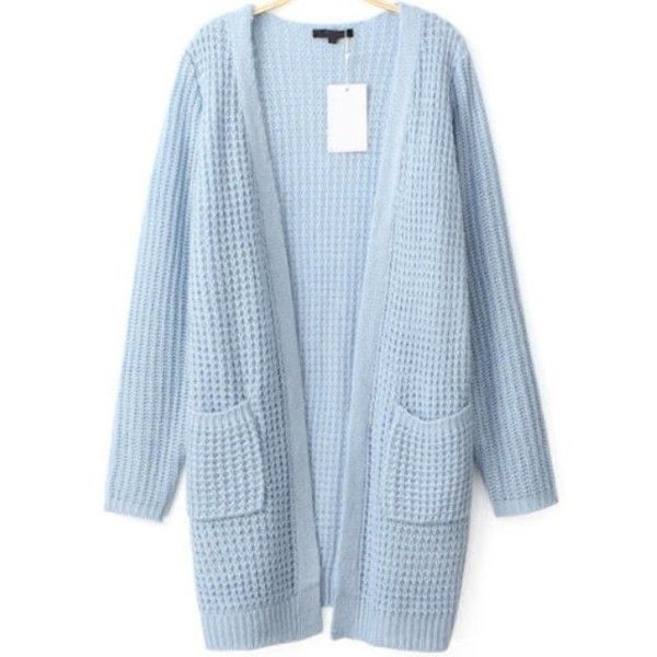 Light Blue Cardigans light blue waffle knit long line loose cardigan ($32) ❤ liked on polyvore  featuring VNUXOJV