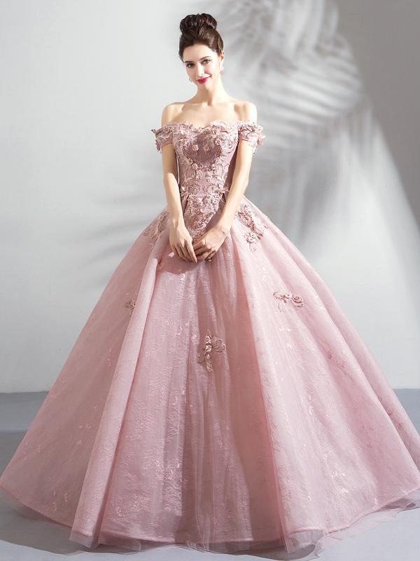 Long ball gowns chic ball gowns off-the-shoulder pink prom dress with lace prom dresses long ICZZTYN