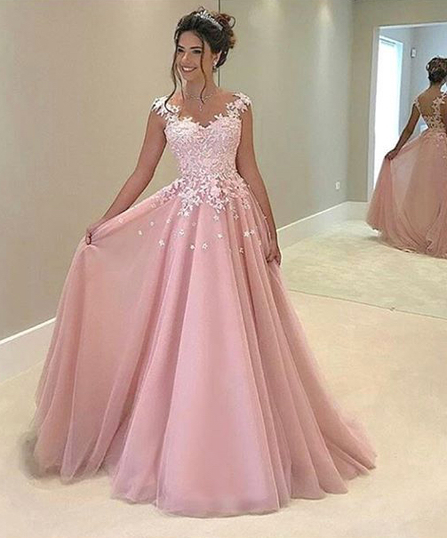Long ball gowns white lace appliqued prom dress,ball gown pink prom dresses,long formal  dresses, JVVTUDF