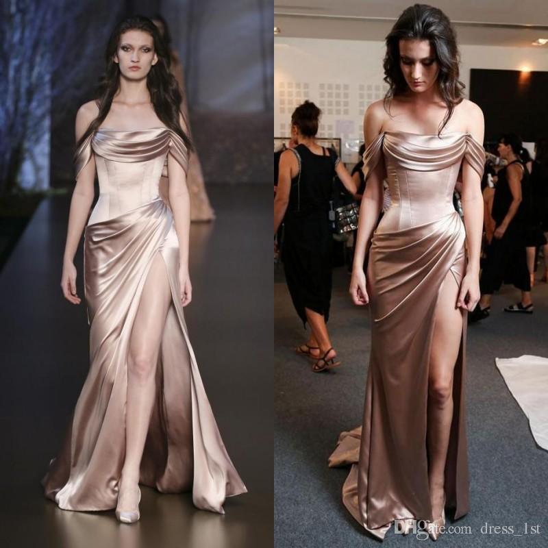 Long Silk Dress sexy 2016 rose gold elastic silk like satin off shoulder mermaid evening  dresses cheap ruched NDXYNDI