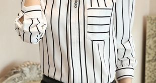 Long Sleeve Blouses autumn spring chiffon women split neck patch pocket striped long sleeve  blouses SRBTMCR