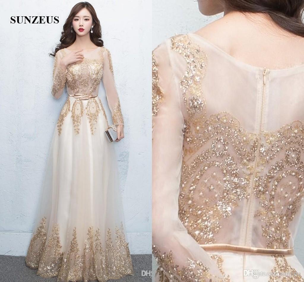 Long sleeved evening dresses 2017 long sleeved evening dresses gold sequins lace formal gowns sheer top  sexy CSIDOEW