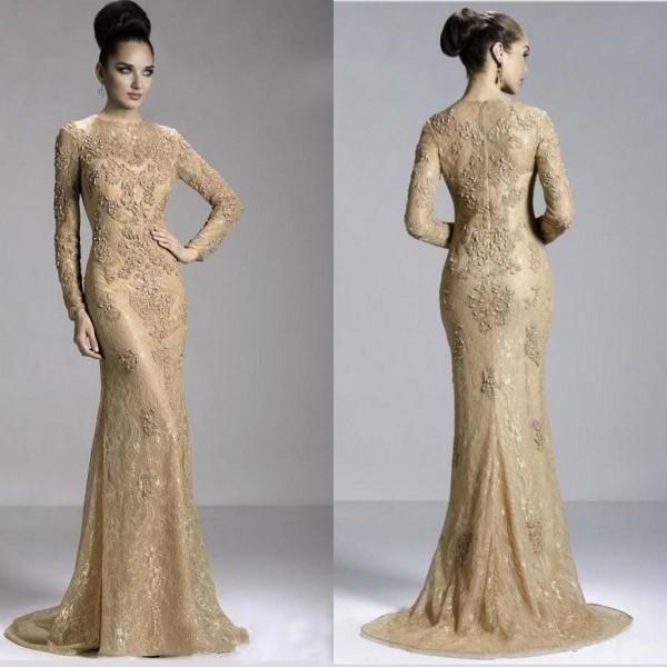 Long sleeved evening dresses gold sexy long sleeve jewel evening dress zipper sweep train formal dresses  with YDKMSCA