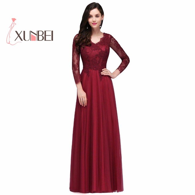 Long sleeved evening dresses vestido de noiva sexy back burgundy lace prom dresses long 2017 long sleeves WWTROSU