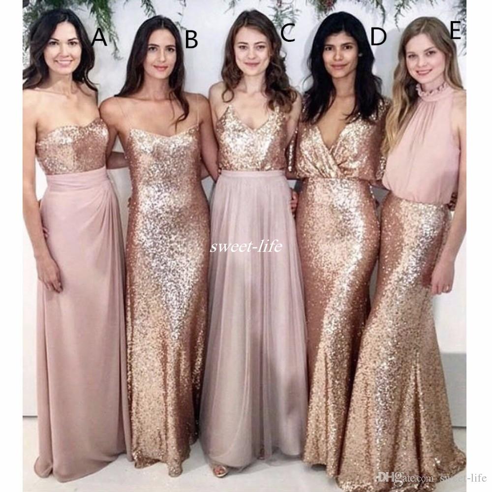 Maid of Honor Dresses modest blush pink beach wedding bridesmaid dresses with rose gold sequin  mismatched wedding maid of AUJPWWM