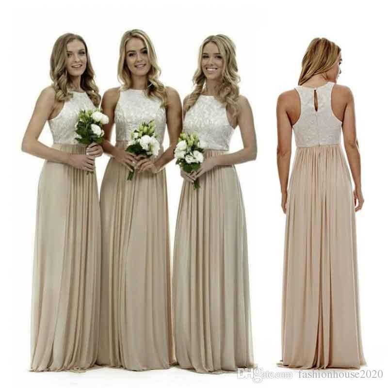 Maid of Honor Dresses sexy long champagne chiffon bridesmaid dresses lace beach bridesmaids dress  plus size wedding guest gowns UAMDQRV