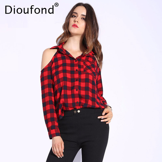 Off Shoulder Tops dioufond spring red plaid off shoulder tops shirts for women long sleeve  blouse sexy blouses LJLYRCS