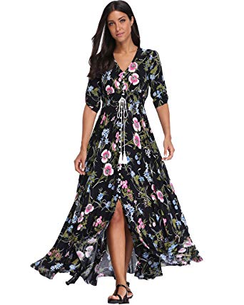 Party dresses for women bestwendding summer floral print maxi dress women button up split long  flowy bohemian TRIMJTK