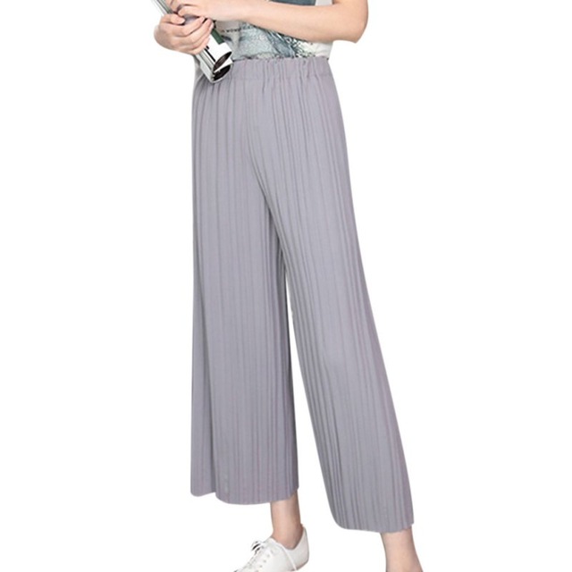 pleated pants for women summer pant elastic waist high waist pleated pants nine wide leg pants big NQYYMXB