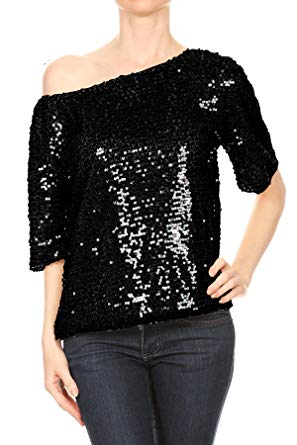 Sequin tops anna-kaci womens short sleeve one shoulder sexy sequin top blouse, black,  small DERYMJT