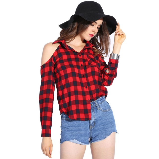 Shirt for women dioufond cold shoulder women shirts 2017 spring style shirt long sleeve  ladies tops plaid red IKOYNUT