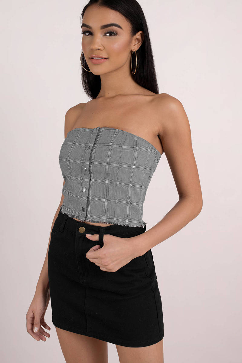 Straps Top honey punch honey punch no straps attached grey multi plaid crop top QHUHKZN