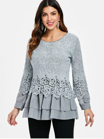 Tops for Women lace panel long sleeve casual top NVMEAOK