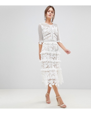 True Decadence true decadence premium all over cutwork lace contrast midi dress with frill  sleeve detail - LADHNPC