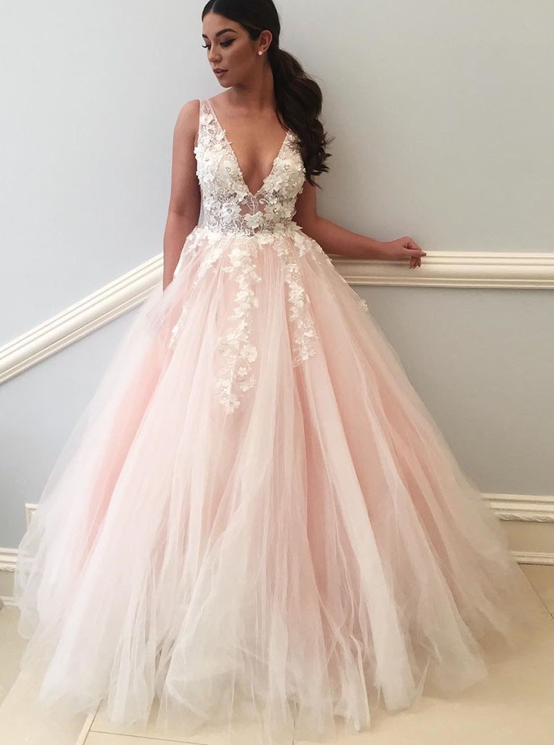 Tulle Dresses ball gown deep v-neck backless light pink tulle appliques wedding dress QSJXPHP