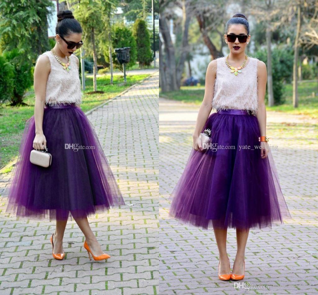 Tulle Skirts fashion regency purple tulle skirts for women midi length high waist puffy  formal party skirts JFVBPFJ