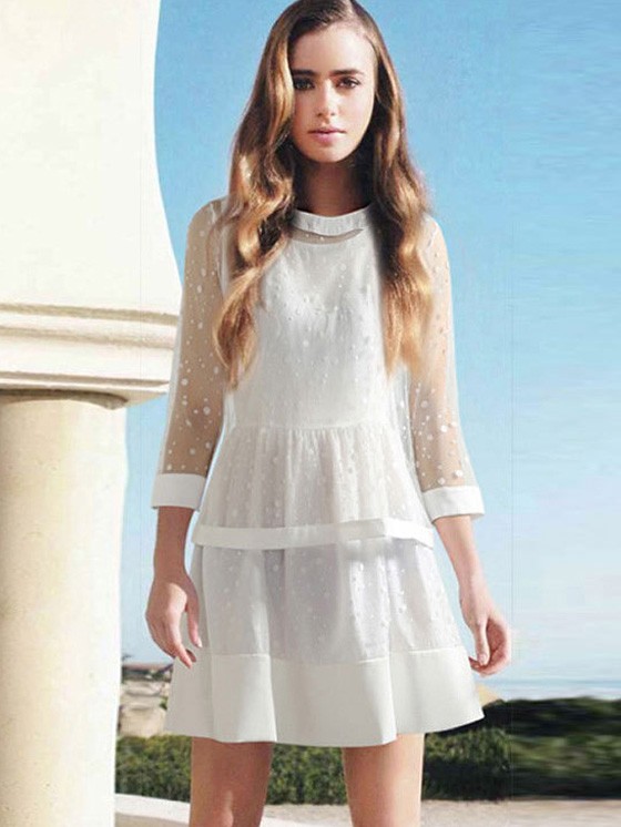 TWIN SET DRESSES white fashion twinset seventh sleeve gauze top + polka dot lace vest dress TVETCXM