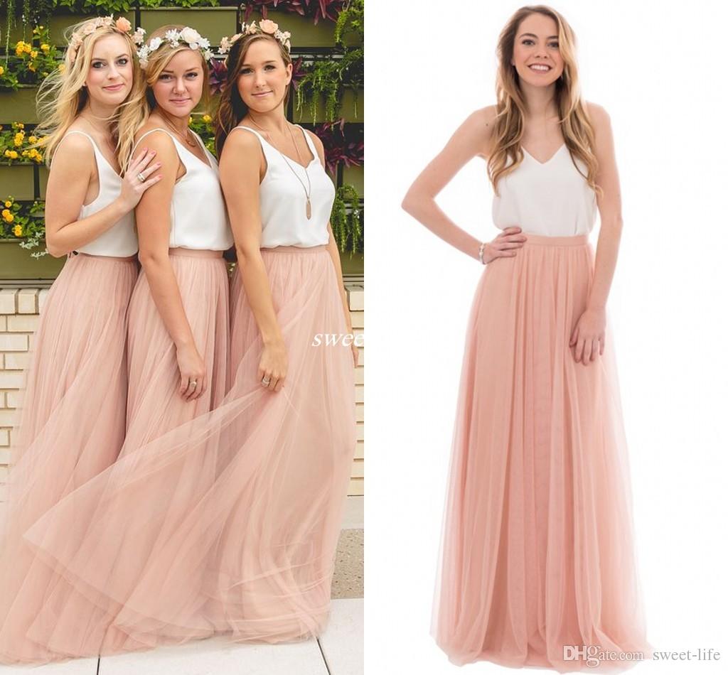 Two tone dresses two tone country wedding boho bridesmaid dresses blush tulle v neck 2016  cheap long party NSASPSI