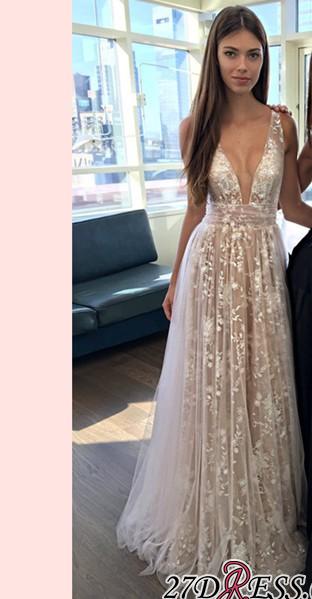 V-neck Evening Dresses ... 2019 a-line layers sexy lace-appliques deep-v-neck prom dresses ... VKAPDPB