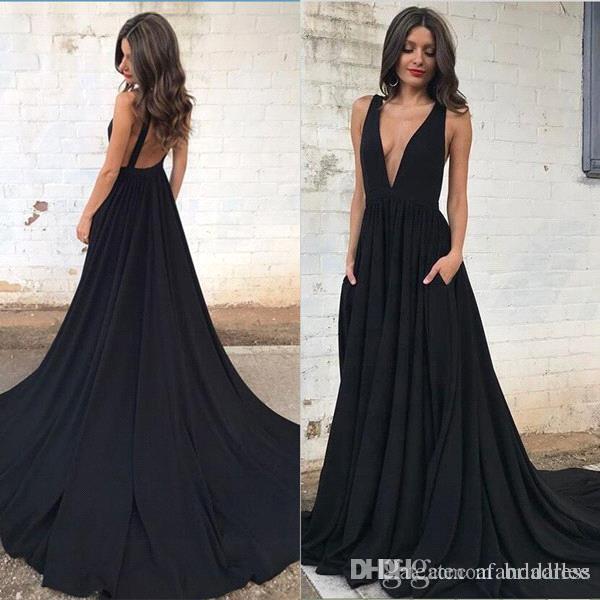 V-neck Evening Dresses elegant plunging v neck black prom dresses a line sleeveless sexy open back TPBYKHL