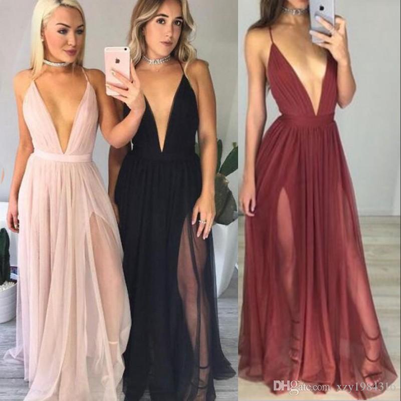 V-neck Evening Dresses stunning plunge v-neck prom dresses attractive backless criss cross-straps  cheap sexy tulle long NMBKKDL