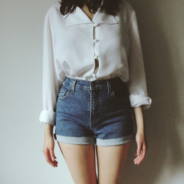 Waisted blouse blouse, button up, high waisted shorts, shorts, denim, vintage, white,  white blouse, hipster, VKKZEUN