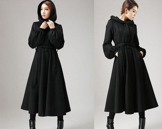 Waisted winter coat black wool coat - womens swing coat with tie belt waist long sleeve winter MEQXYHX