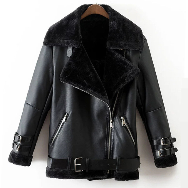 Winter Leather Jacket Women faux leather suede coat aviator black leather jacket winter warm lambs wool  fur QDCHFPS