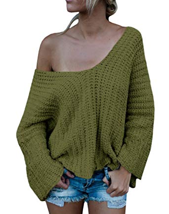 Womens Knit Sweaters beautife women long sleeve v neck off the shoulder loose knit sweater  (small, IPXQMWR