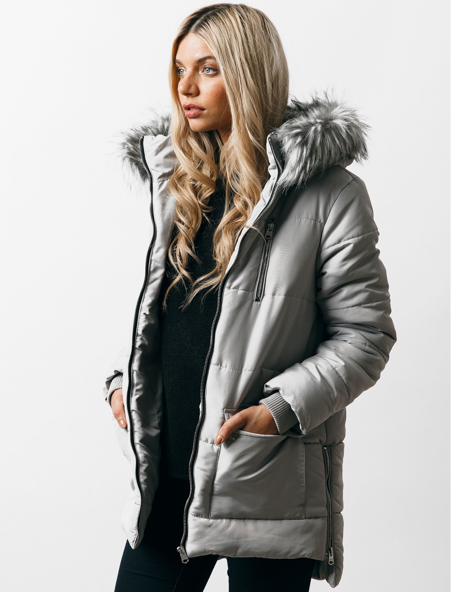 womens parka coats with fur hood oqena quilted parka coat with detachable fur trim hood in silver sconce - OEMUILJ
